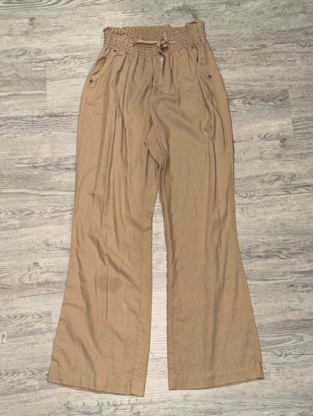 One5One Tan Smocked High Waist Wide Leg Linen Blend Pants